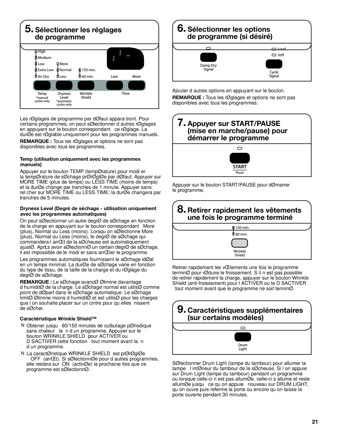 Whirlpool W10097054B-SP, W10097053B Caractéristiques supplémentaires sur certains modèles, Caractéristique Wrinkle Shield 