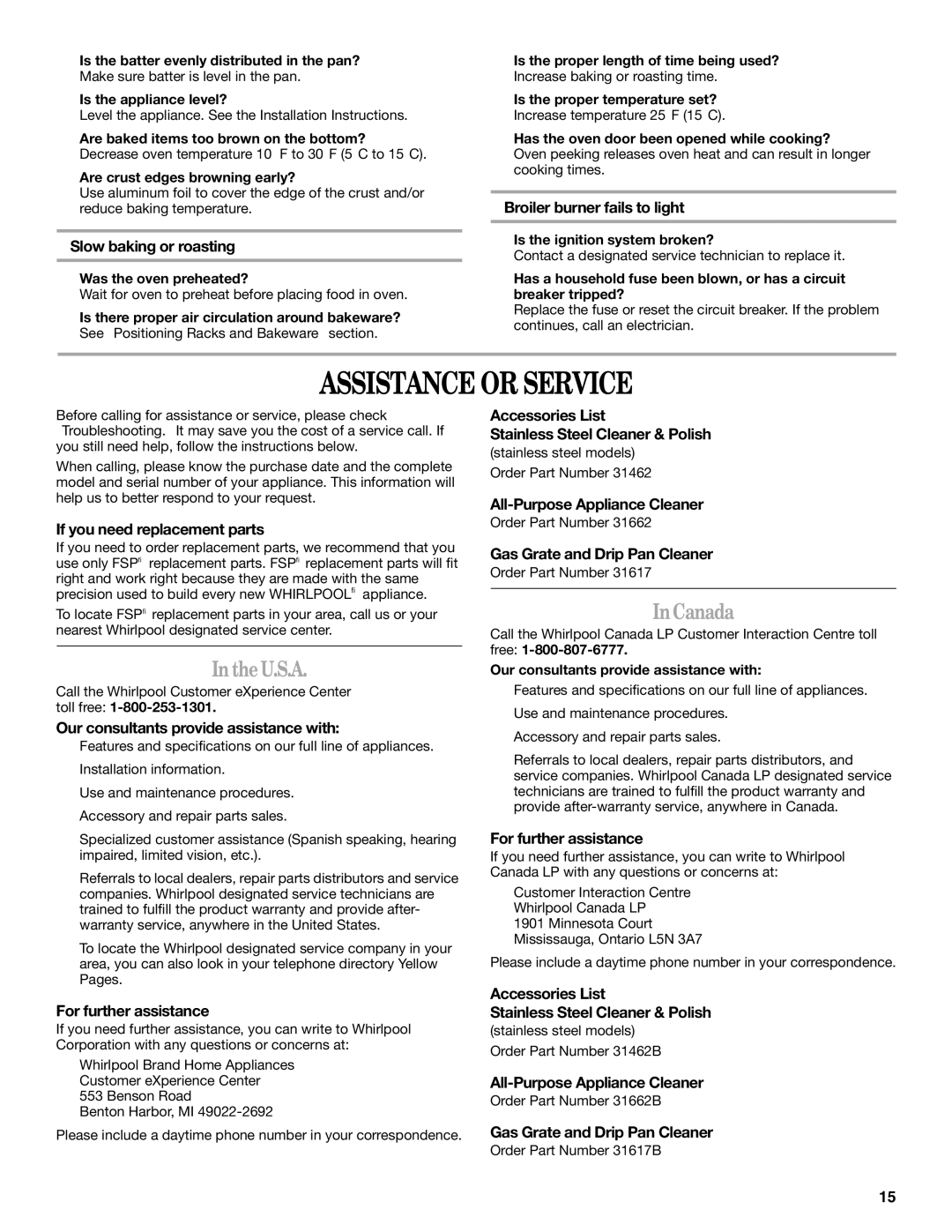 Whirlpool W10099470 manual Assistance or Service, TheU.S.A, InCanada 