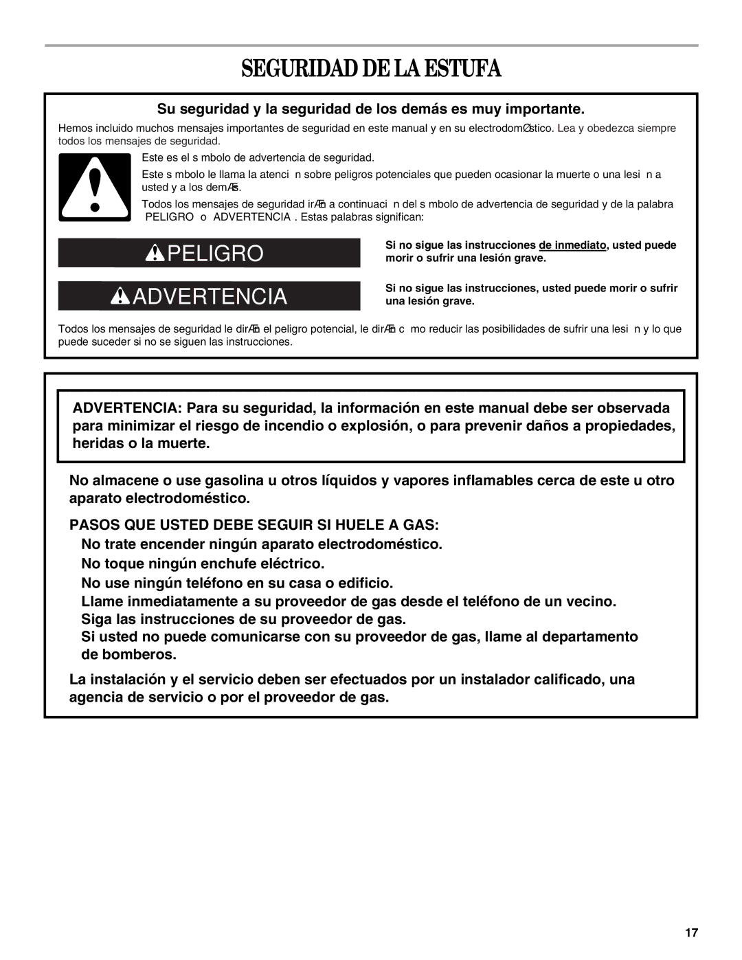 Whirlpool W10099470 manual Seguridad DE LA Estufa, Su seguridad y la seguridad de los demás es muy importante 