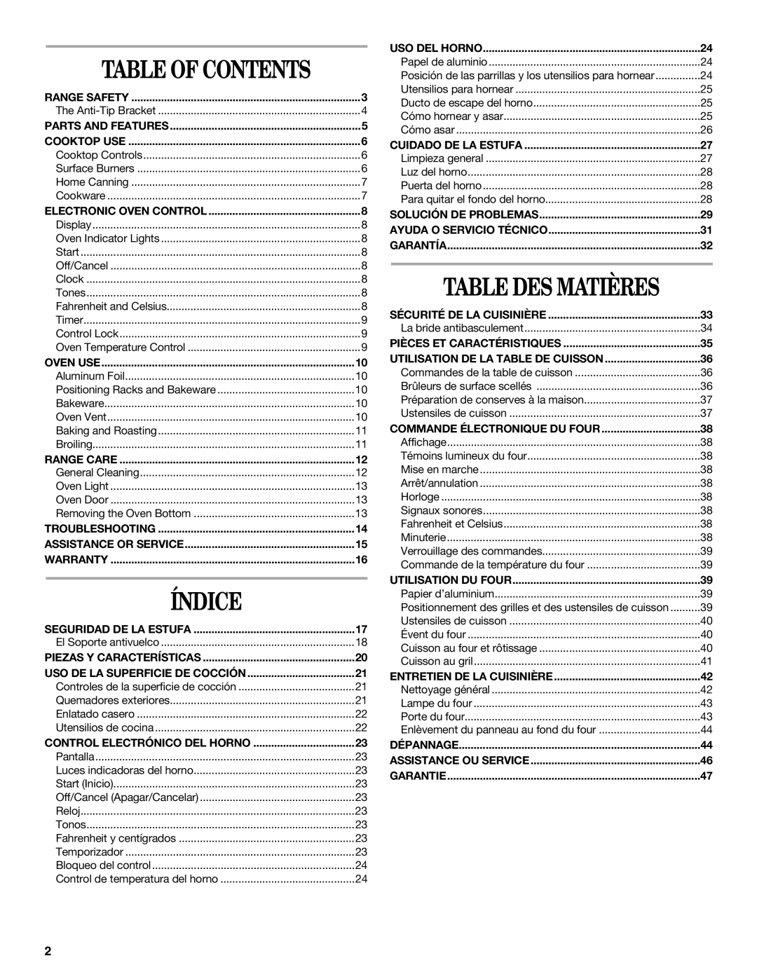 Whirlpool W10099470 manual Índice, Table of Contents 