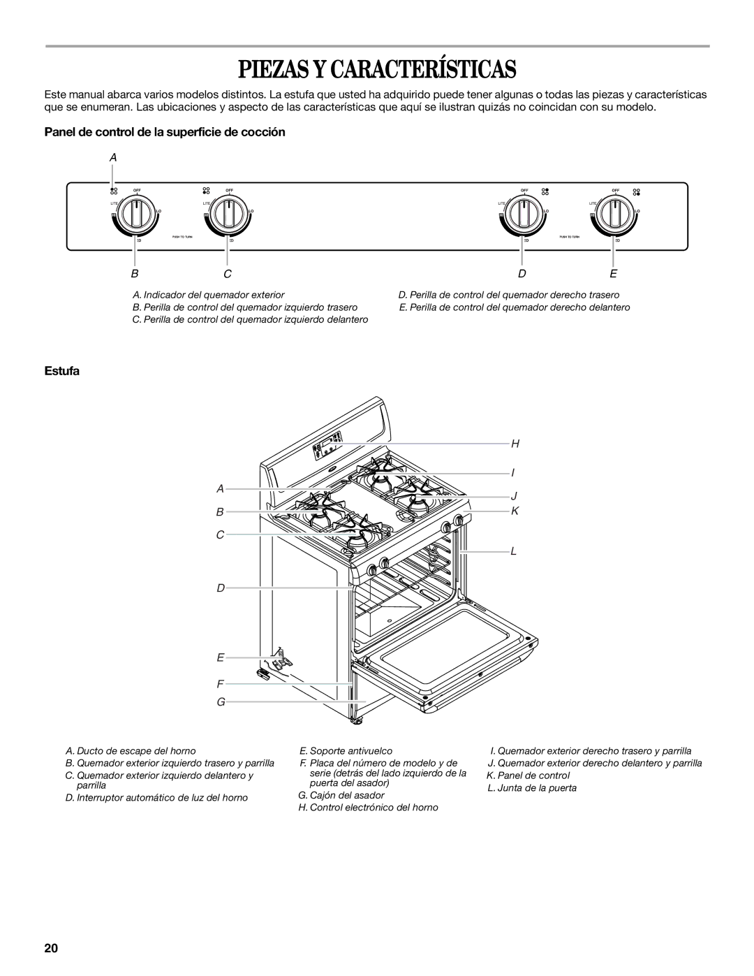 Whirlpool W10099470 manual Piezas Y Características, Panel de control de la superficie de cocción, Estufa 