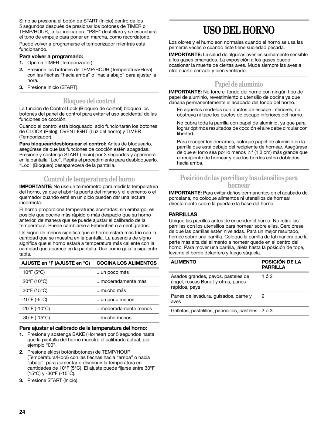 Whirlpool W10099470 manual USO DEL Horno, Bloqueodel control, Papel dealuminio, Control detemperaturadelhorno 