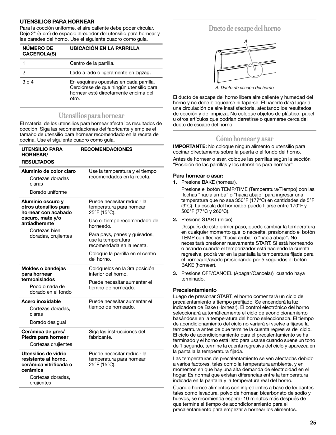 Whirlpool W10099470 manual Utensiliosparahornear, Ducto deescapedel horno, Cómohornearyasar, Utensilios Para Hornear 