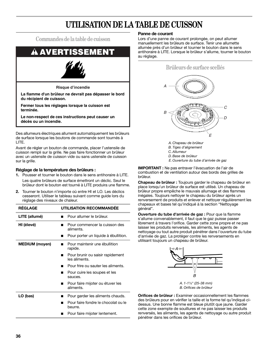 Whirlpool W10099470 manual Utilisation DE LA Table DE Cuisson, Commandesdelatabledecuisson, Brûleurs desurfacescellés 