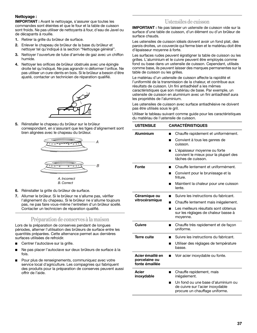 Whirlpool W10099470 manual Préparationdeconserves àlamaison, Ustensiles decuisson, Nettoyage, Ustensile Caractéristiques 