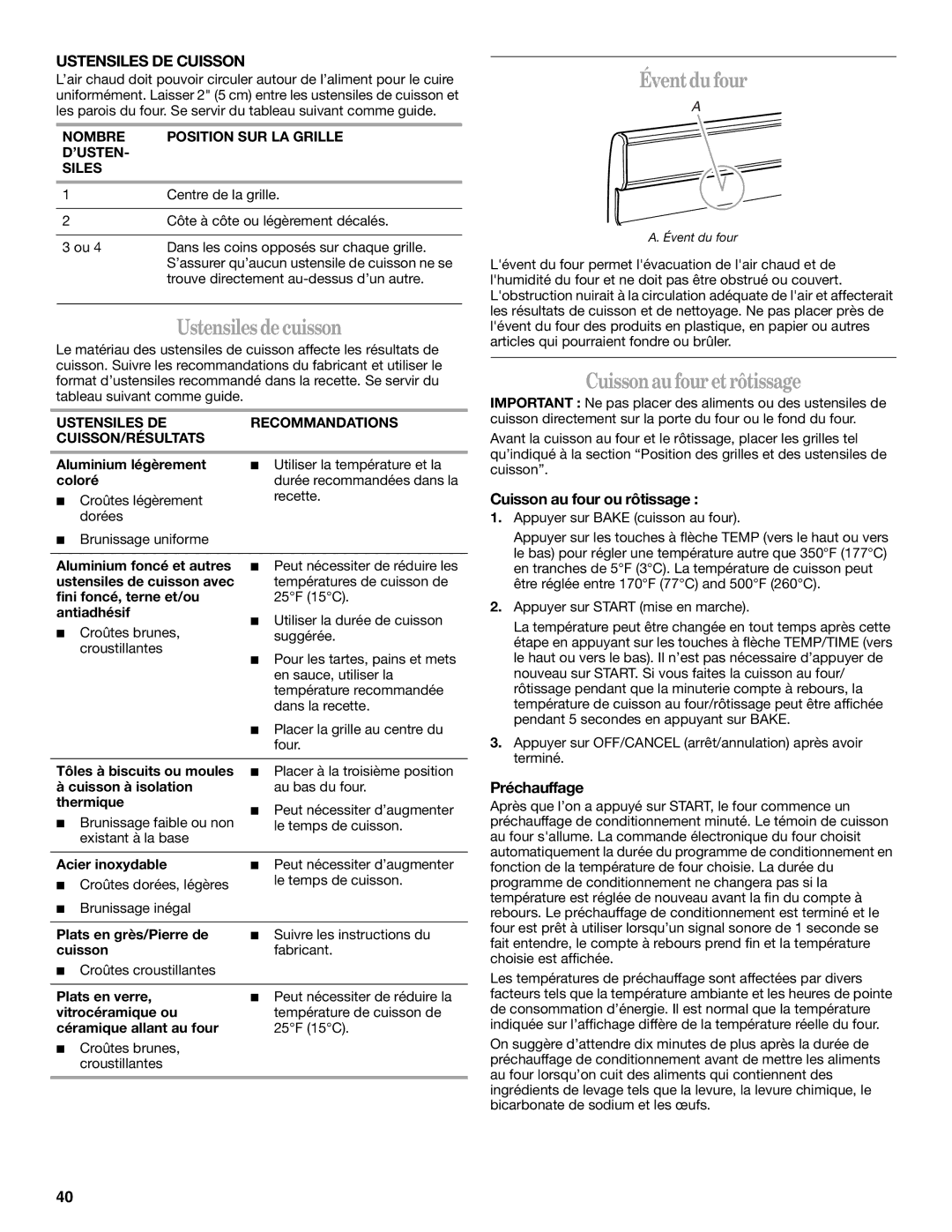 Whirlpool W10099470 manual Éventdu four, Cuissonau fouretrôtissage, Ustensiles DE Cuisson, Cuisson au four ou rôtissage 