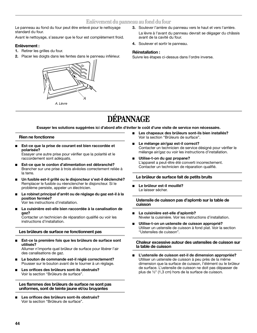 Whirlpool W10099470 manual Dépannage, Enlèvementdu panneauau fonddu four 