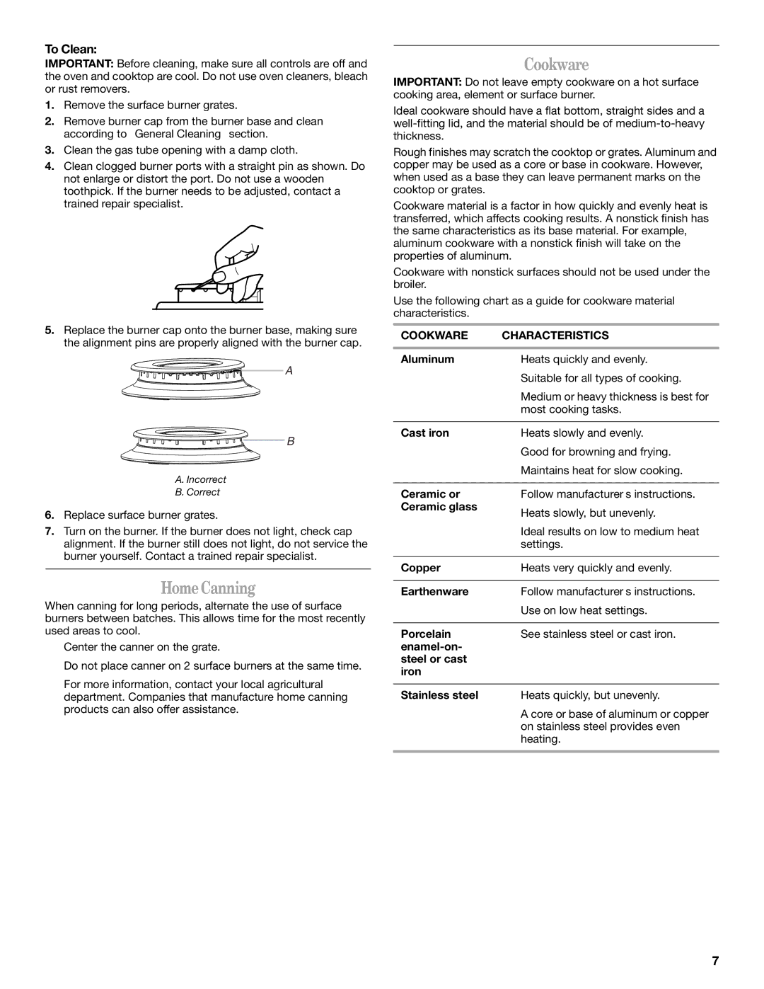 Whirlpool W10099470 manual HomeCanning, To Clean, Cookware Characteristics 