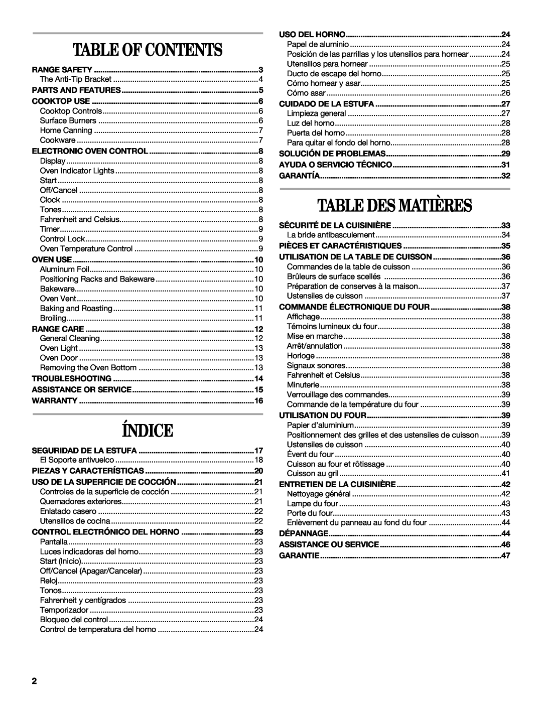 Whirlpool W10099470 manual Índice, Table Des Matières, Table Of Contents 