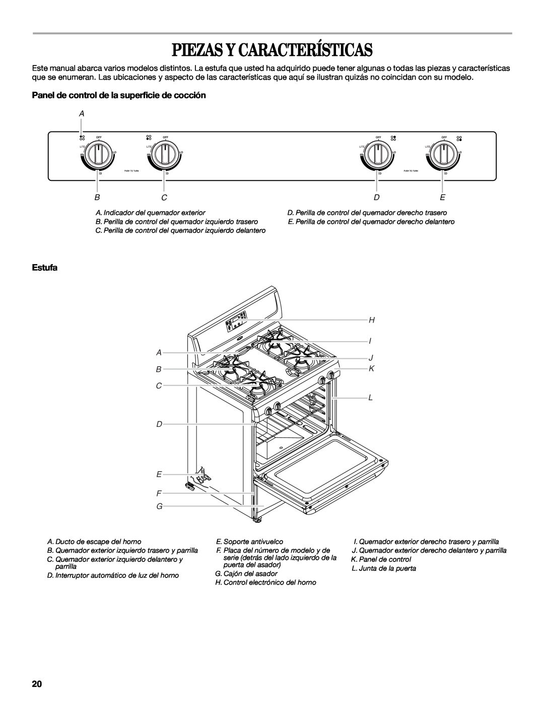 Whirlpool W10099470 manual Piezas Y Características, Panel de control de la superficie de cocción, Estufa, E F G 