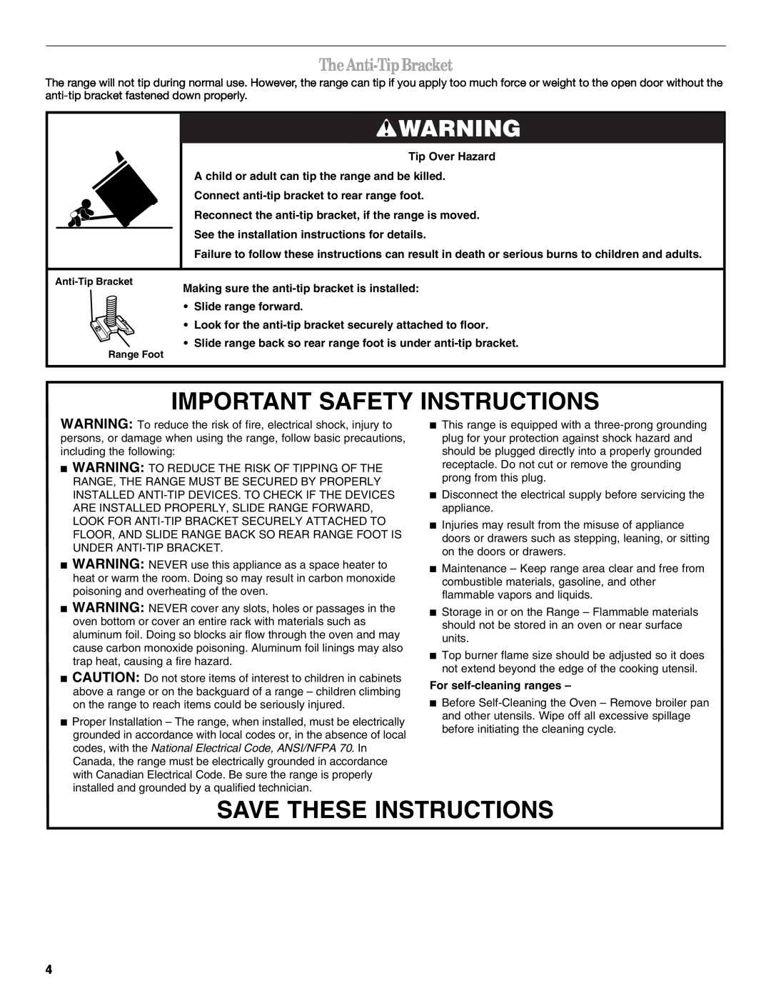 Whirlpool W10099470 Important Safety Instructions, Save These Instructions, TheAnti-TipBracket, For self-cleaning ranges 