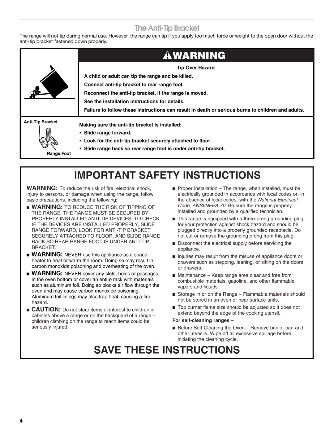 Whirlpool W10099480 manual Important Safety Instructions, Anti-Tip Bracket 