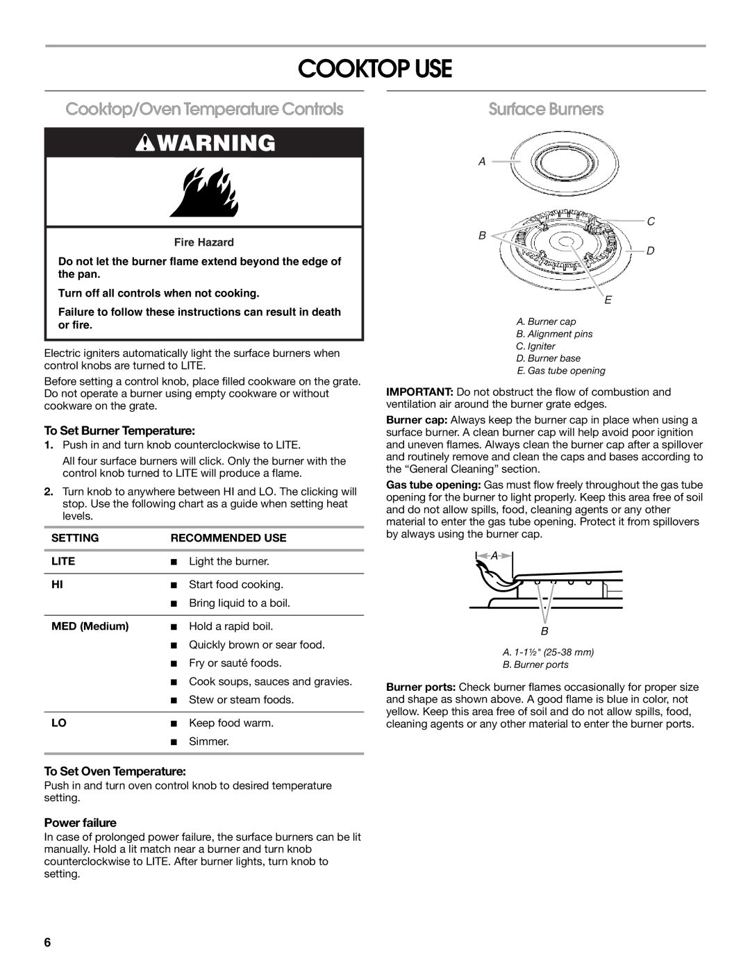 Whirlpool W10099480 manual Cooktop USE, Cooktop/OvenTemperatureControls, SurfaceBurners 