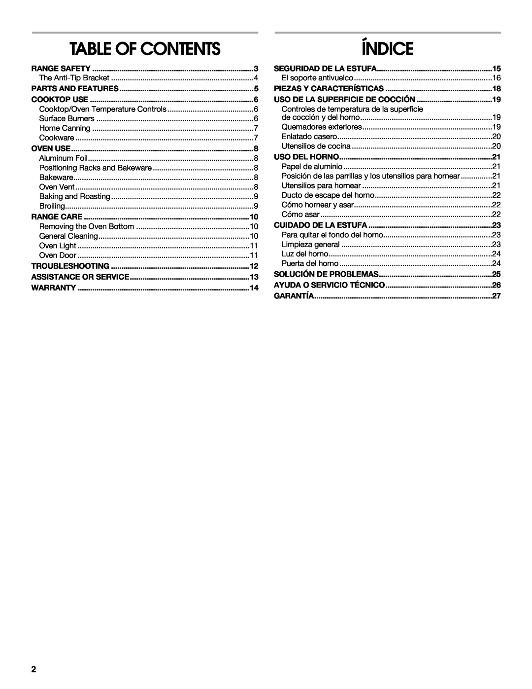 Whirlpool W10099480 manual Table Of Contents, Índice 