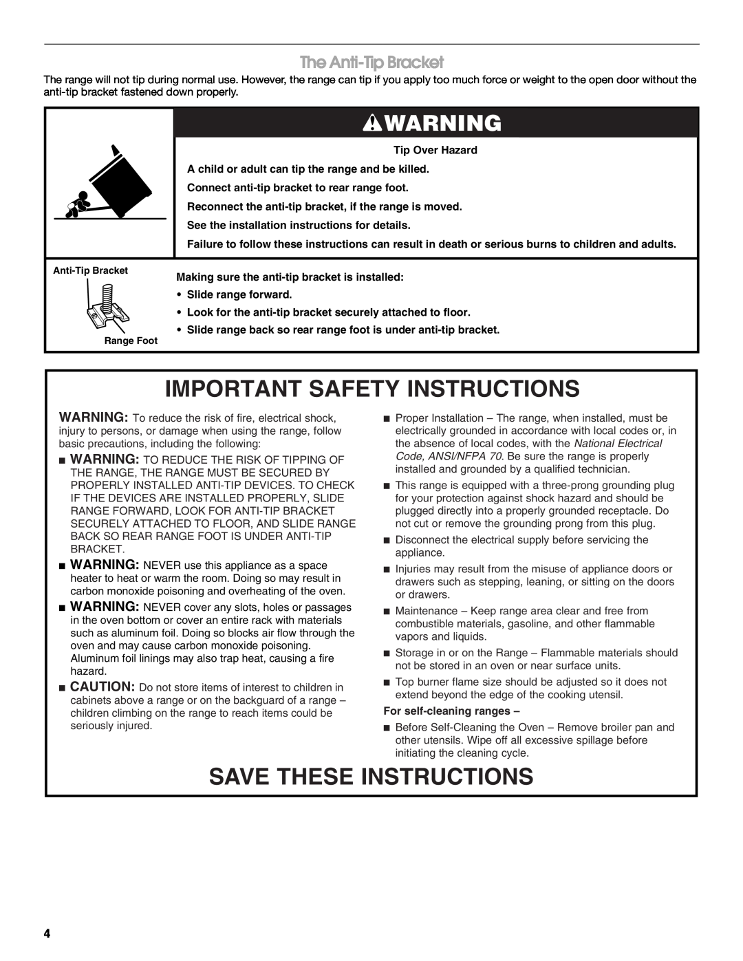 Whirlpool W10099480 Important Safety Instructions, Save These Instructions, The Anti-Tip Bracket, For self-cleaning ranges 
