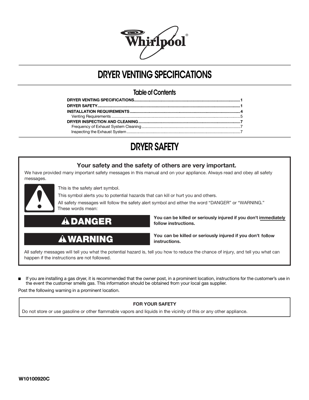 Whirlpool W10100920C specifications Table of Contents 