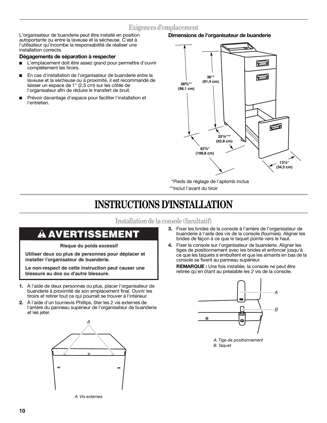 Whirlpool W10101293A Instructions Dinstallation, Exigencesdemplacement, Installationdelaconsolefacultatif 