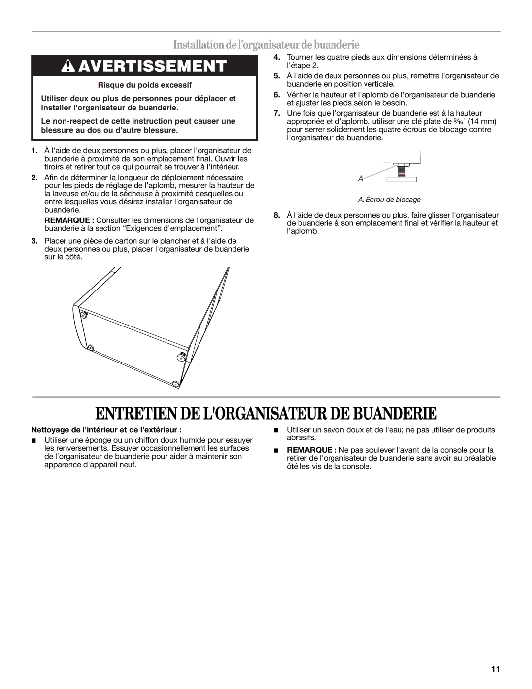 Whirlpool W10101293A Installationdelorganisateurdebuanderie, Nettoyage de lintérieur et de lextérieur 