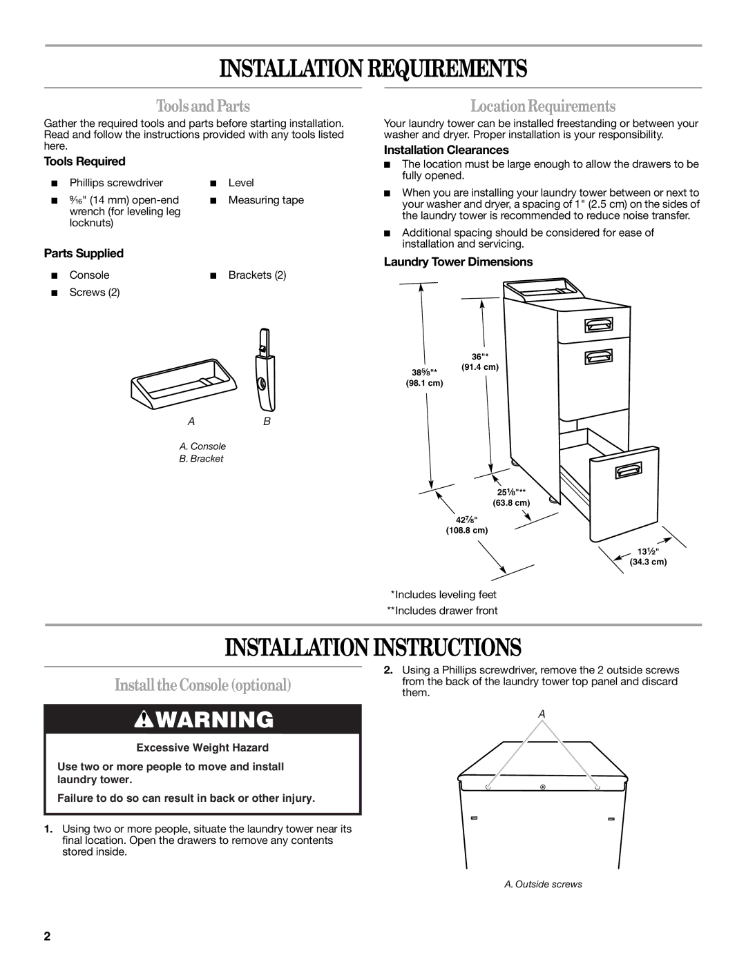 Whirlpool W10101293A Installation Requirements, Installation Instructions, ToolsandParts, InstalltheConsoleoptional 