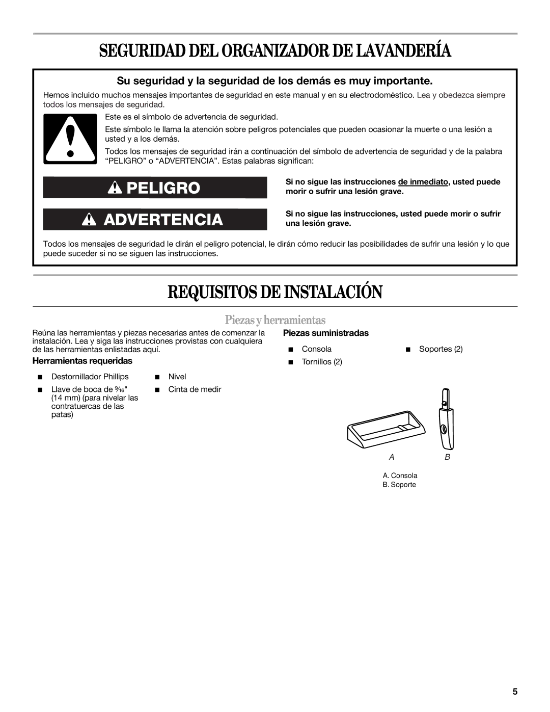 Whirlpool W10101293A Requisitos DE Instalación, Piezasy herramientas, Herramientas requeridas, Piezas suministradas 