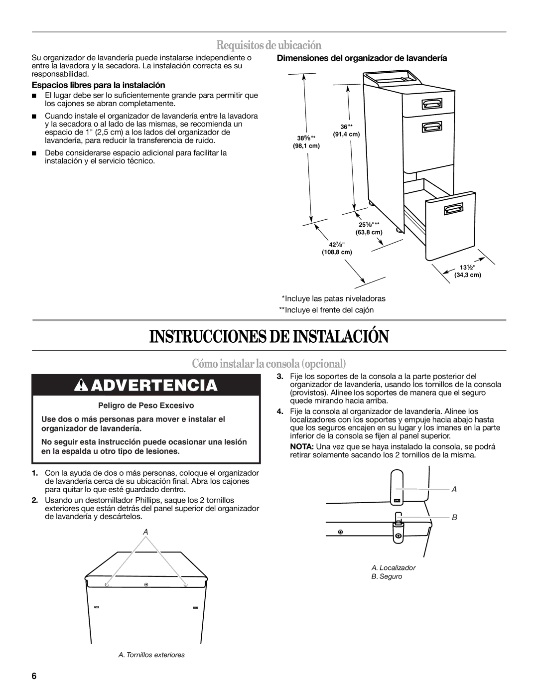 Whirlpool W10101293A Instrucciones DE Instalación, Requisitosdeubicación, Cómoinstalarlaconsolaopcional 