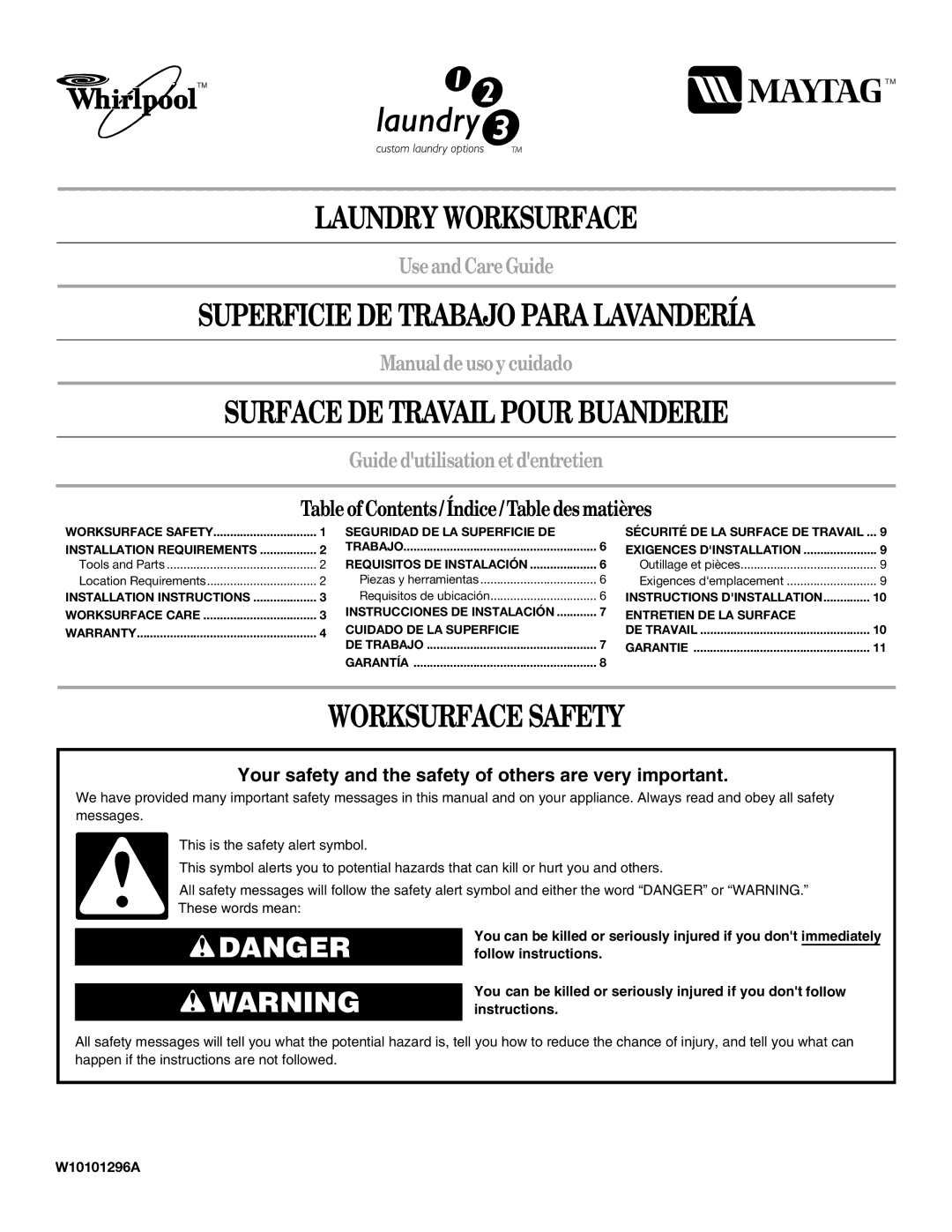 Whirlpool W10101296A installation instructions Laundry Worksurface, Superficie DE Trabajo Para Lavandería 