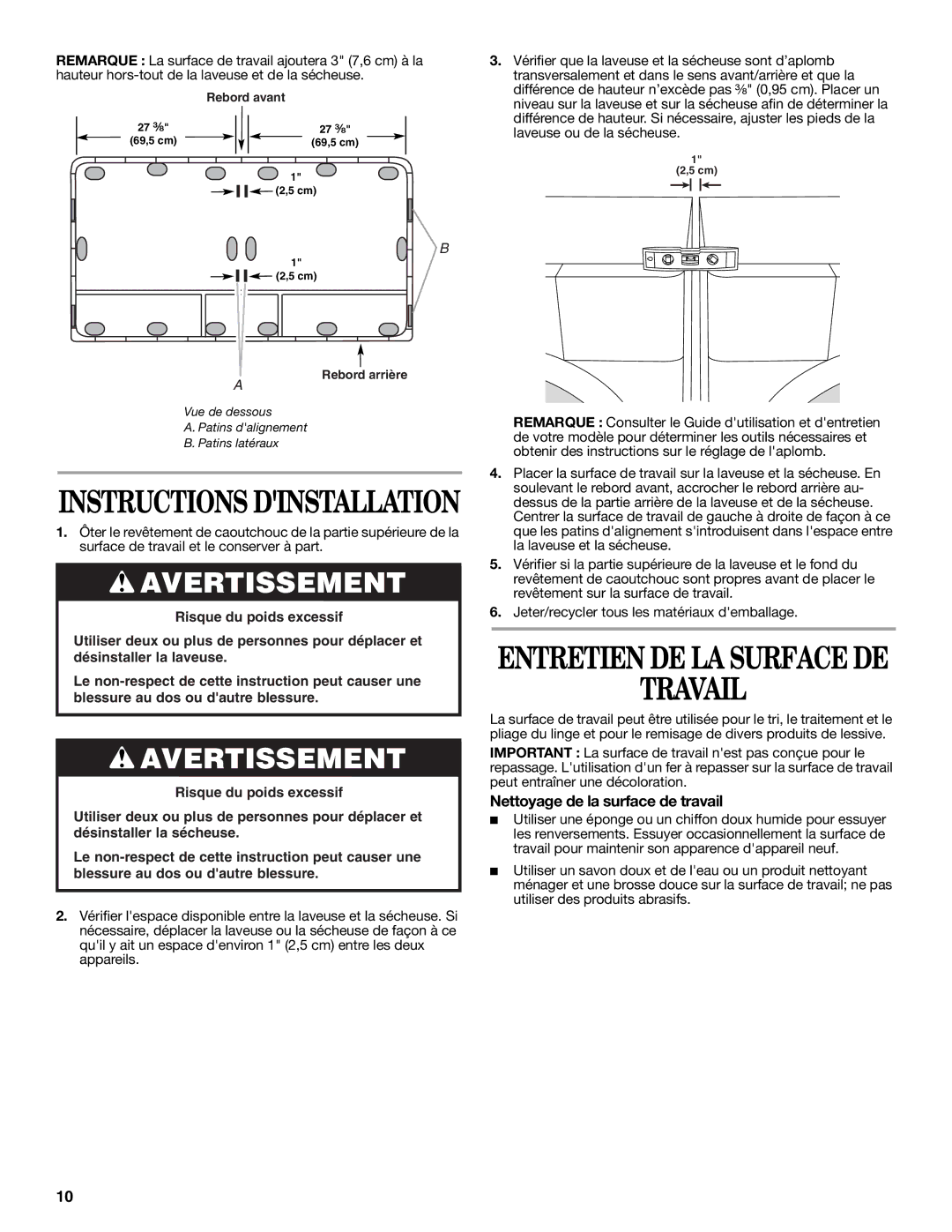 Whirlpool W10101296A installation instructions Travail, Nettoyage de la surface de travail 