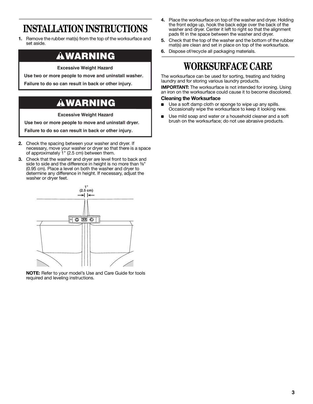 Whirlpool W10101296A installation instructions Worksurface Care, Cleaning the Worksurface 