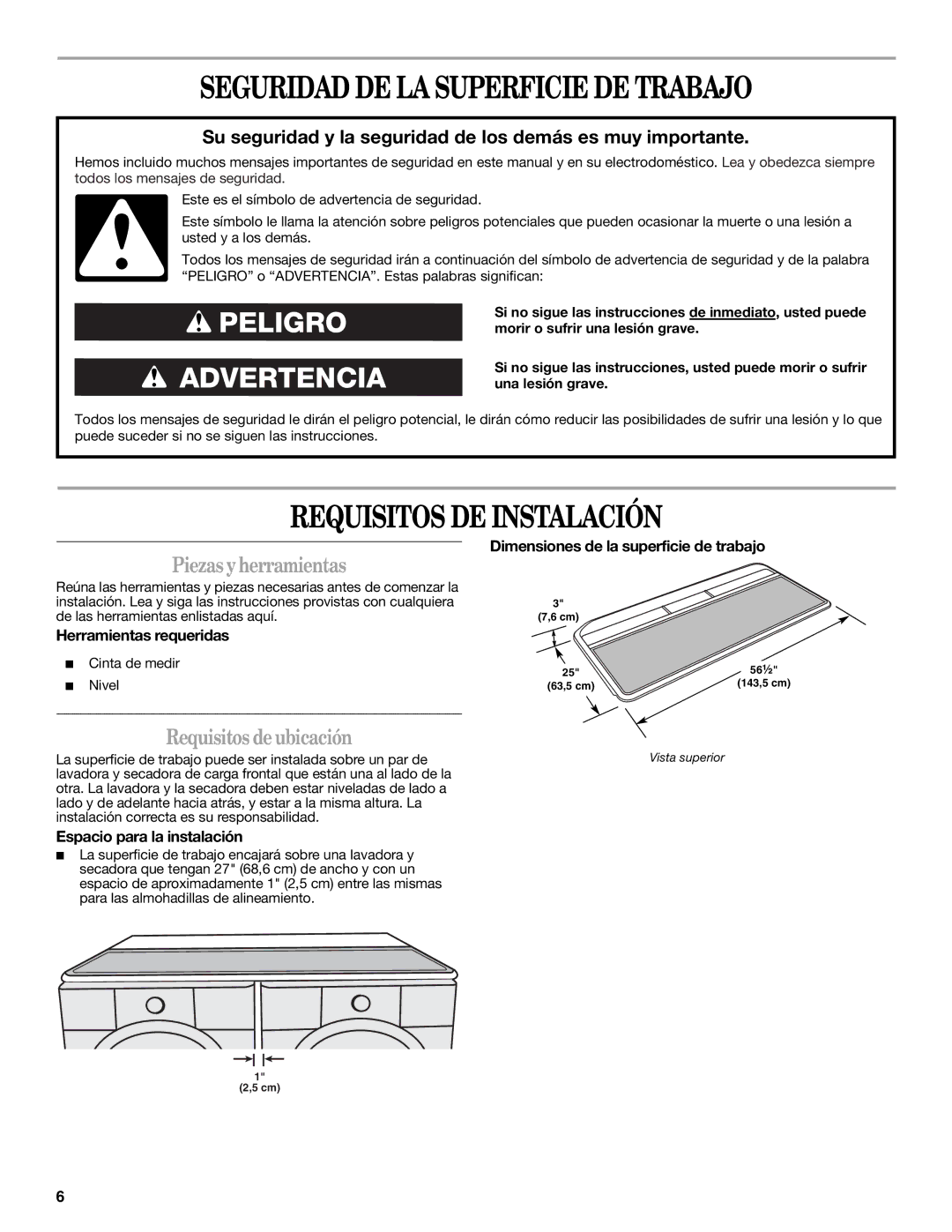 Whirlpool W10101296A Seguridad DE LA Superficie DE Trabajo, Requisitos DE Instalación, Piezas yherramientas 