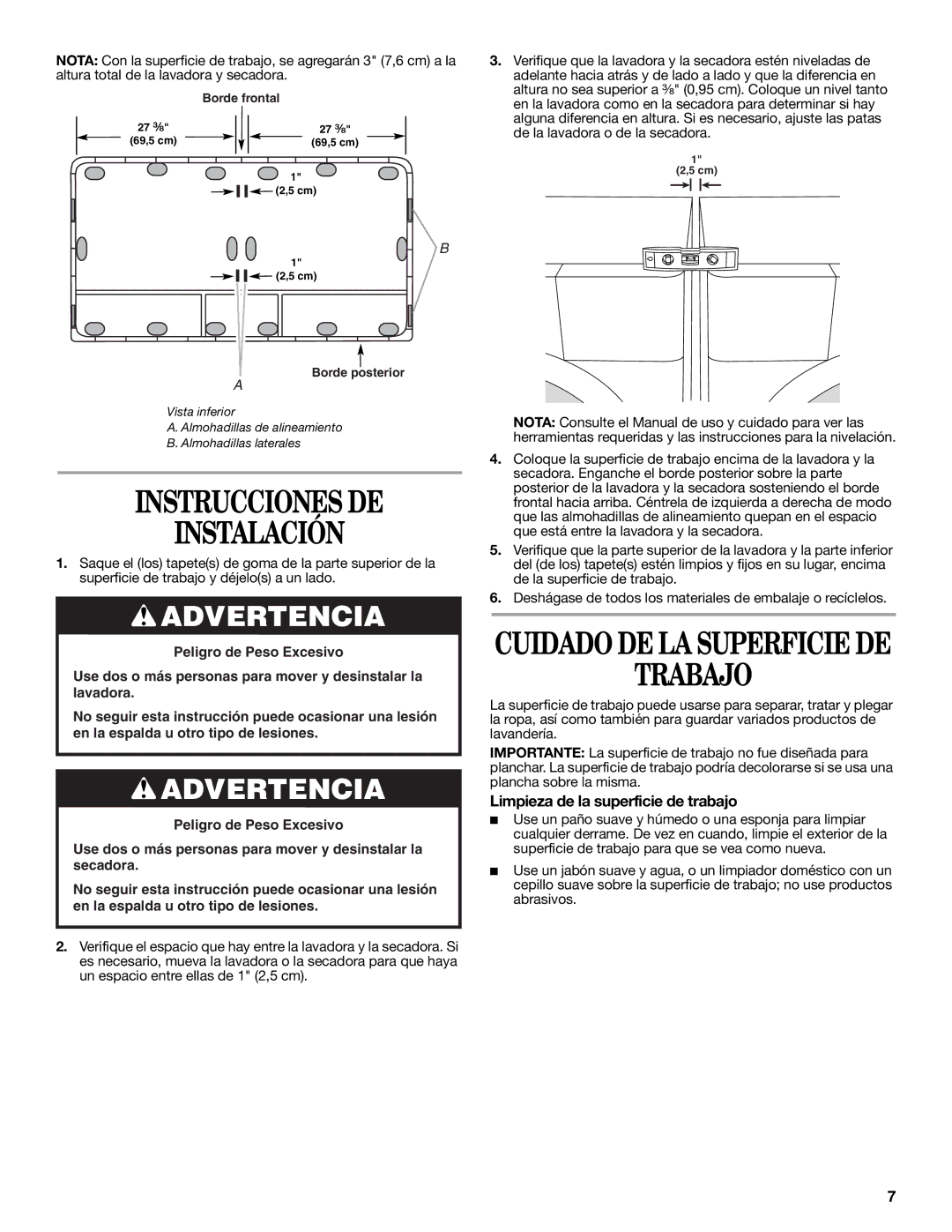 Whirlpool W10101296A installation instructions Instrucciones DE Instalación, Trabajo, Limpieza de la superficie de trabajo 