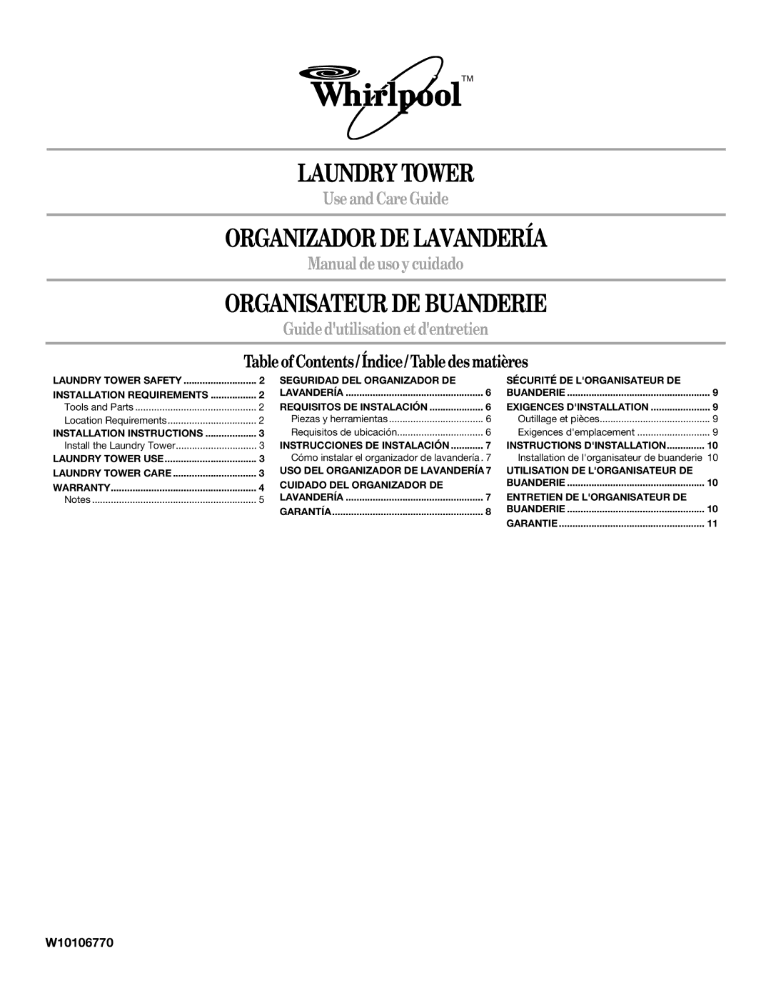 Whirlpool W10106770 installation instructions Laundry Tower, Organizador DE Lavandería, Organisateur DE Buanderie 