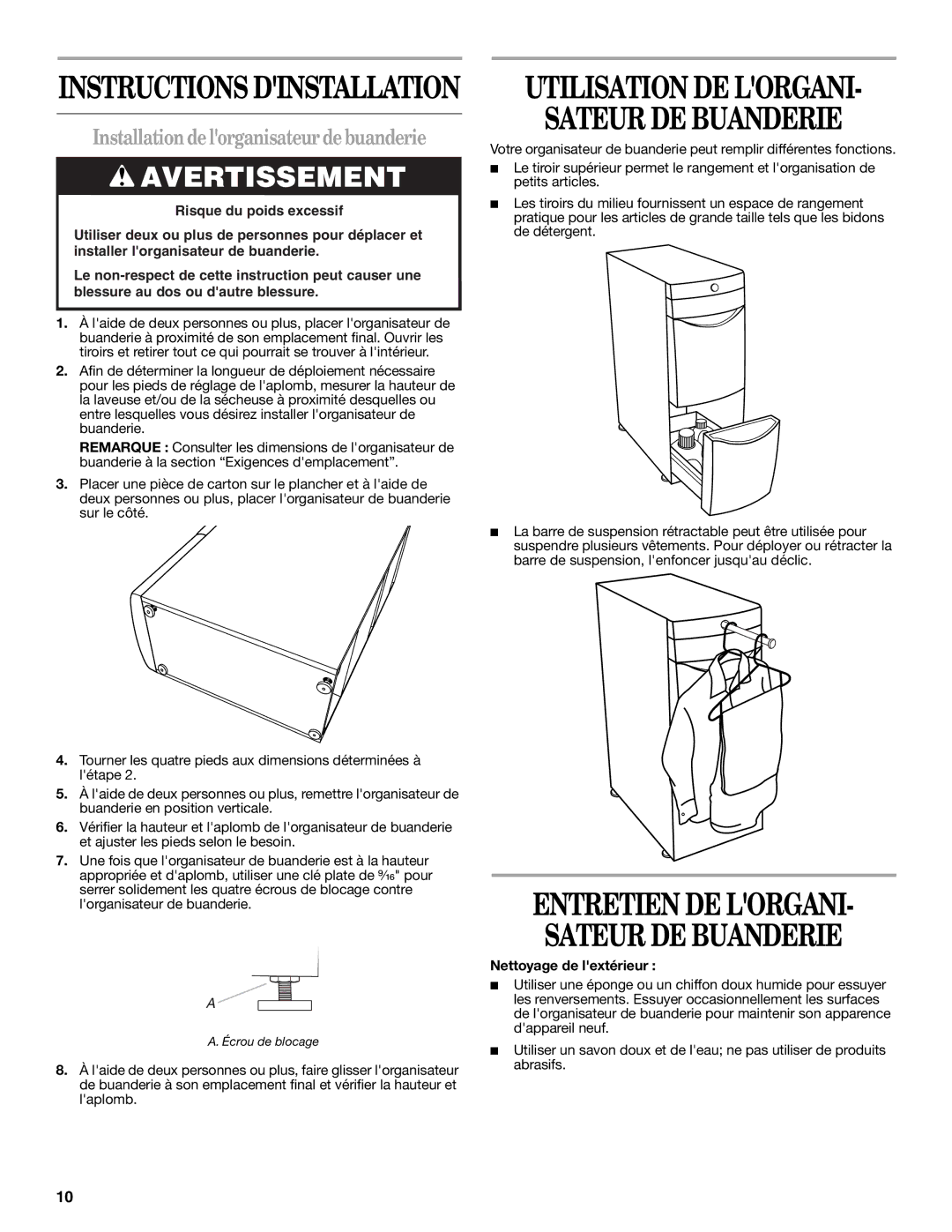 Whirlpool W10106770 Sateur DE Buanderie, Installation delorganisateurdebuanderie, Nettoyage de lextérieur 