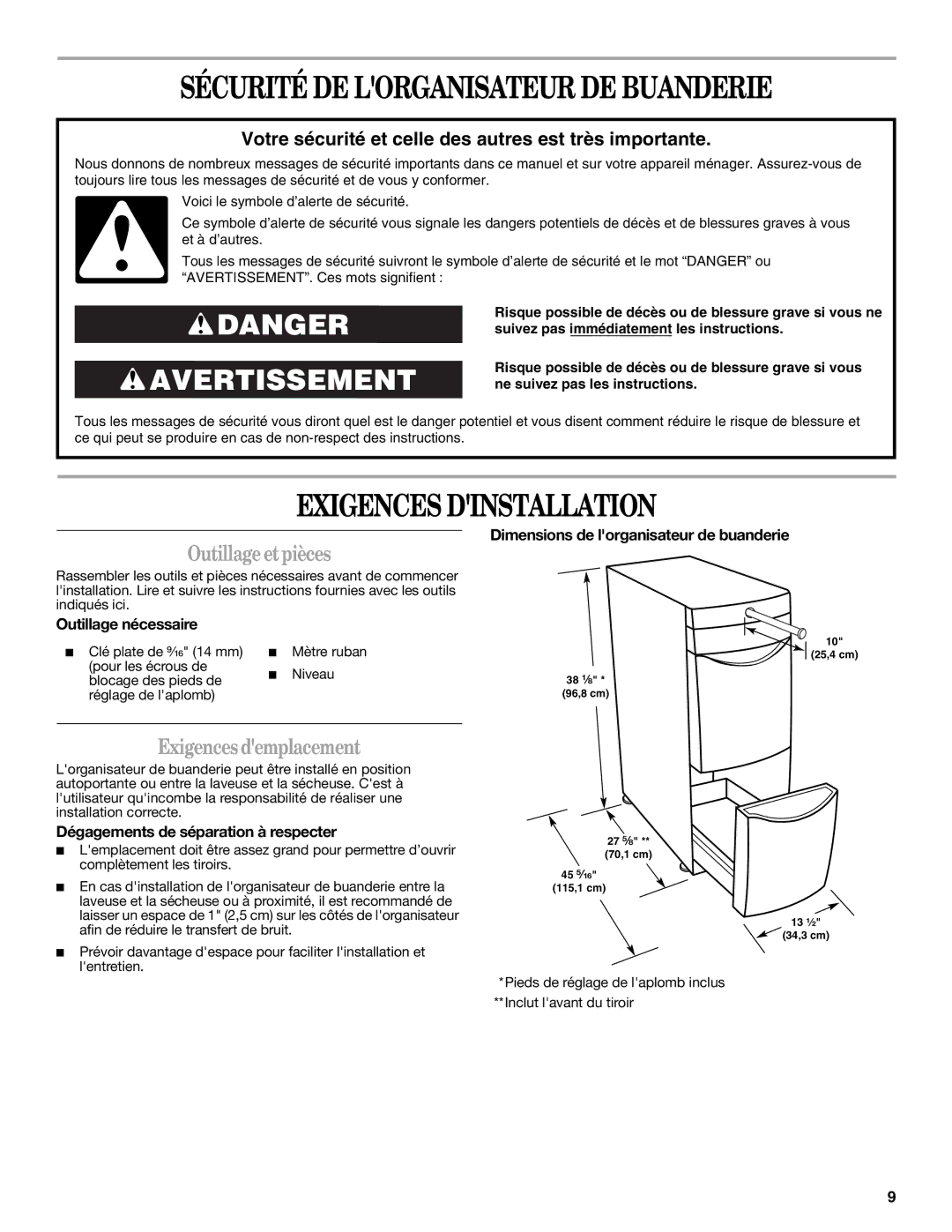 Whirlpool W10106770 Sécurité DE Lorganisateur DE Buanderie, Exigences Dinstallation, Outillageetpièces 