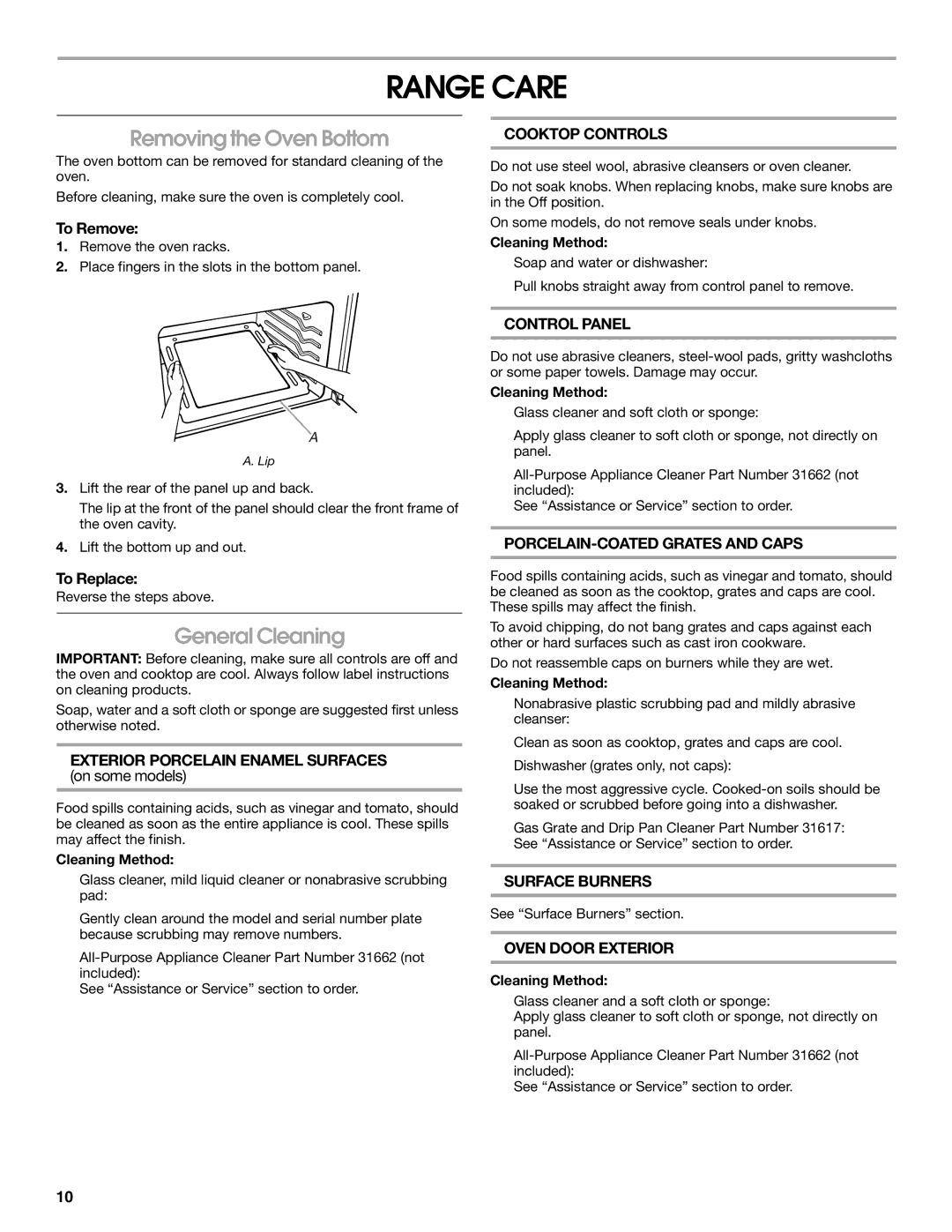 Whirlpool W10106870 manual Range Care, RemovingtheOvenBottom, GeneralCleaning 