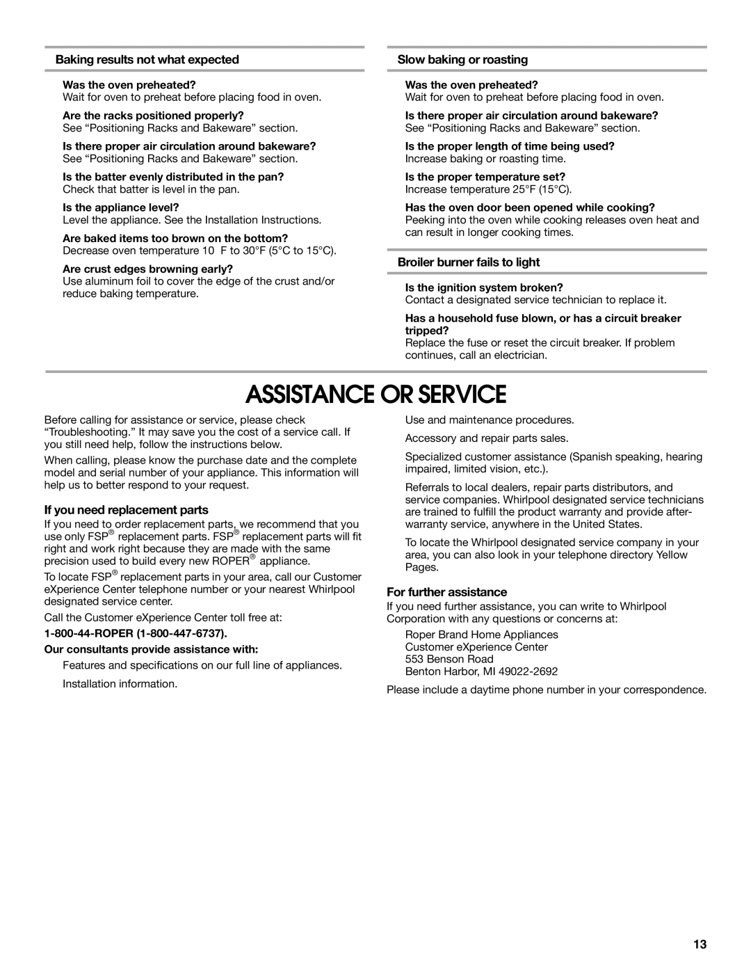 Whirlpool W10106870 manual Assistance or Service 