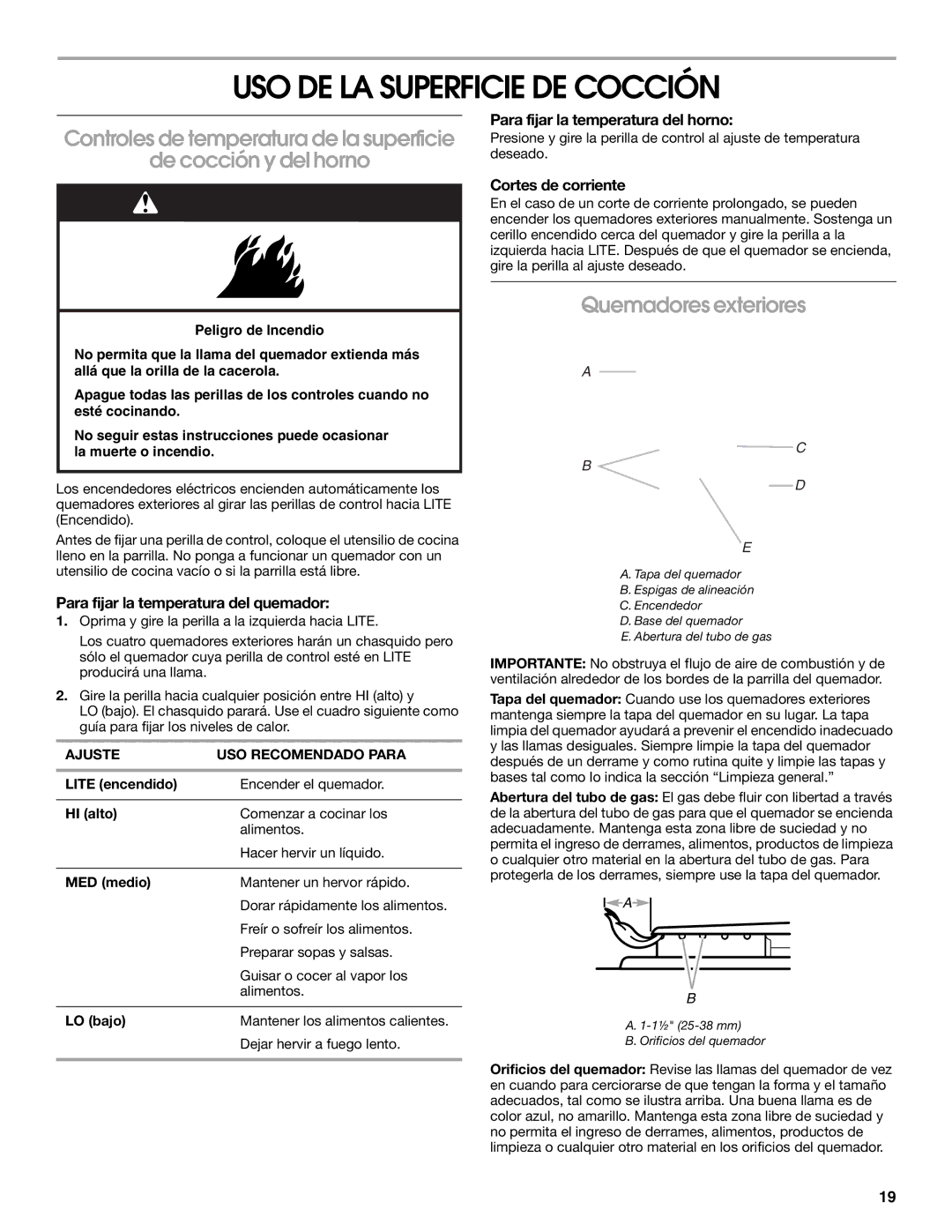 Whirlpool W10106870 manual USO DE LA Superficie DE Cocción, Quemadores exteriores, Para fijar la temperatura del quemador 