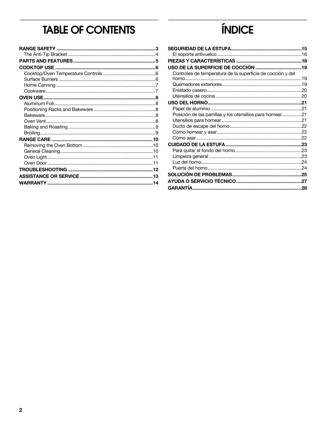 Whirlpool W10106870 manual Table of Contents 