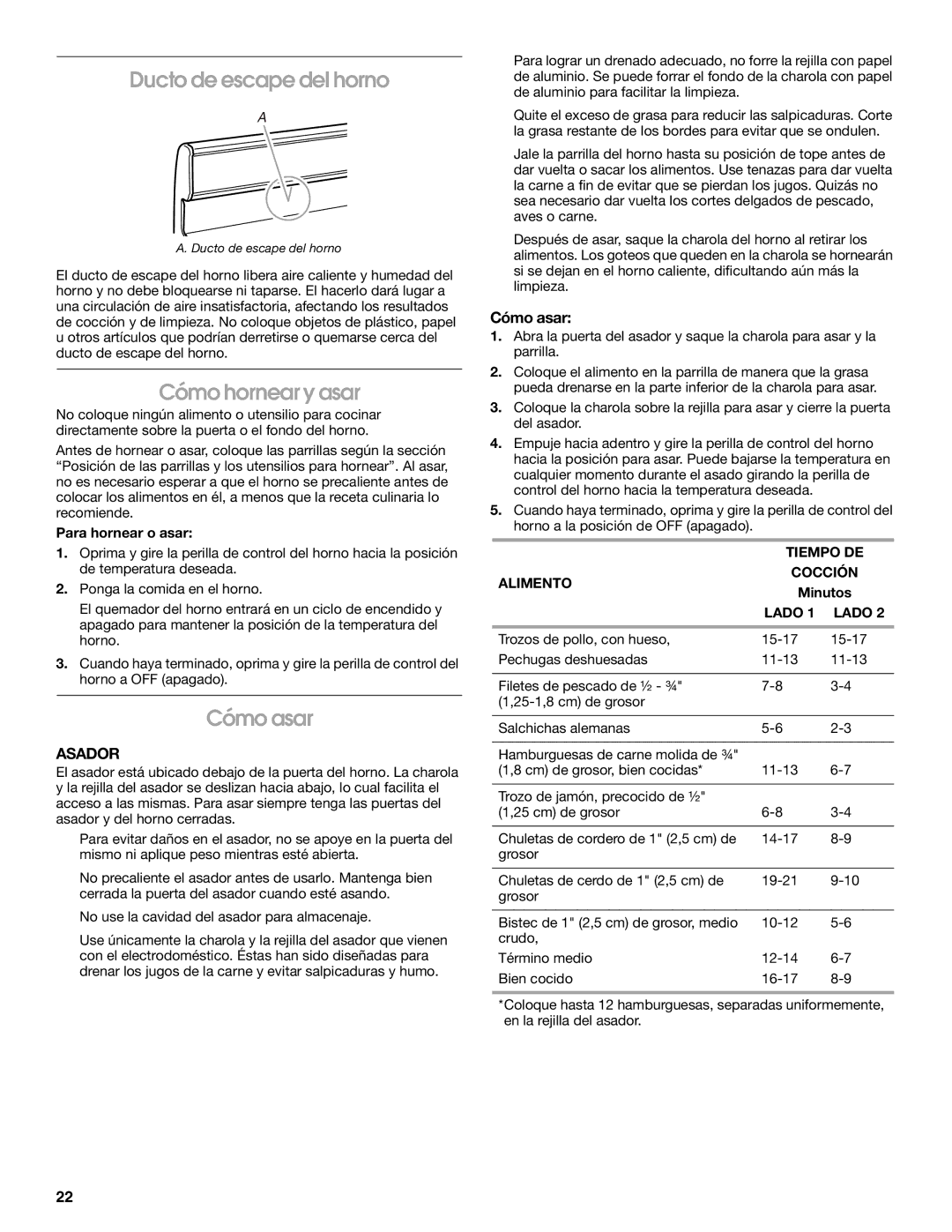 Whirlpool W10106870 manual Ducto de escape del horno, Cómo hornear y asar, Cómo asar, Asador 