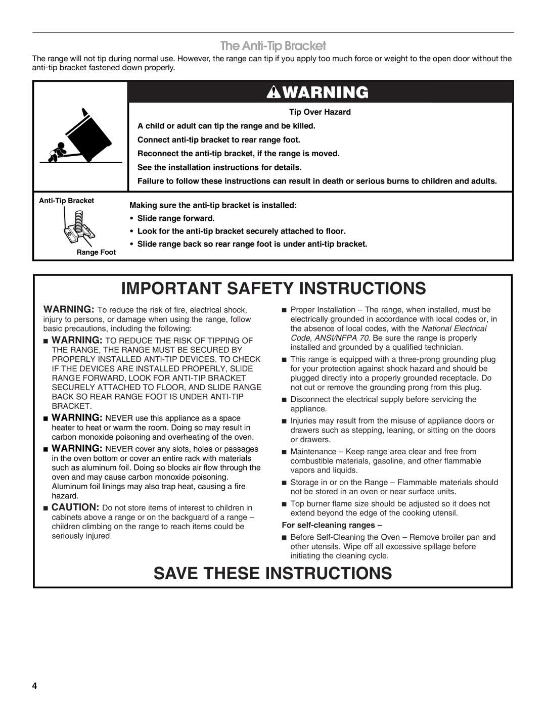 Whirlpool W10106870 manual Important Safety Instructions, Anti-Tip Bracket 