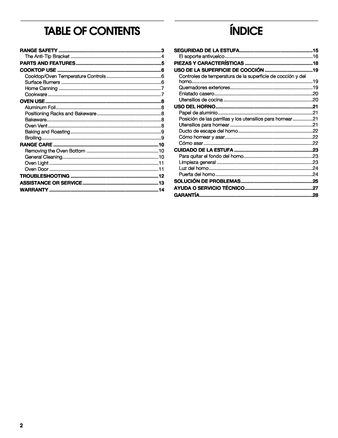 Whirlpool W10106870 manual Table Of Contents, Índice 