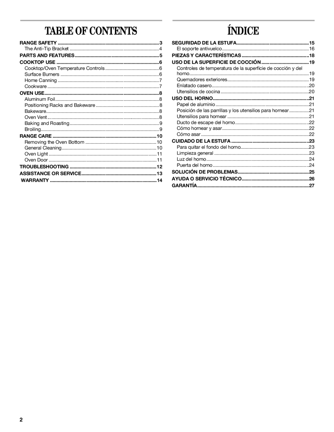 Whirlpool W10106890 manual Table of Contents 