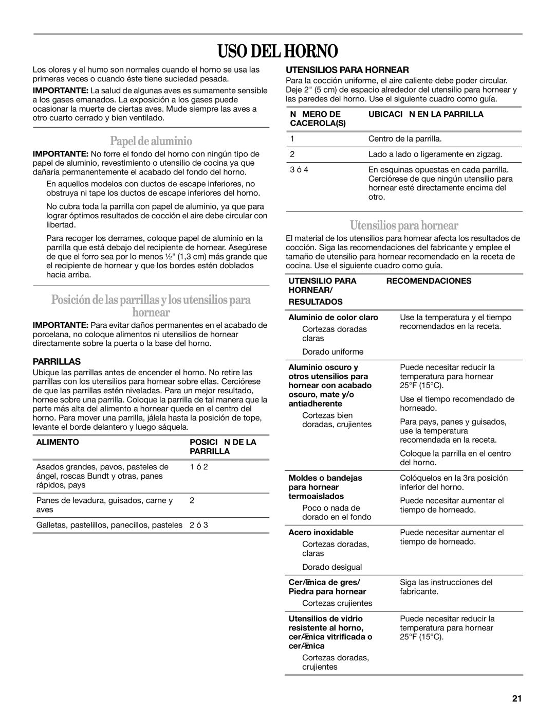 Whirlpool W10106890 manual USO DEL Horno, Papel dealuminio, Hornear, Utensiliosparahornear 