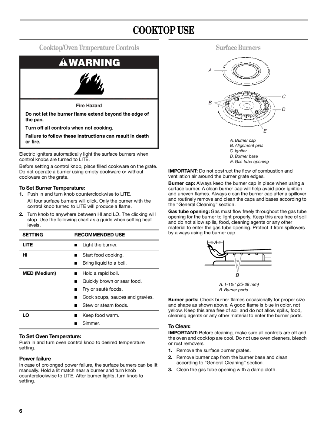 Whirlpool W10106890 manual Cooktop USE, Cooktop/OvenTemperatureControls, SurfaceBurners 