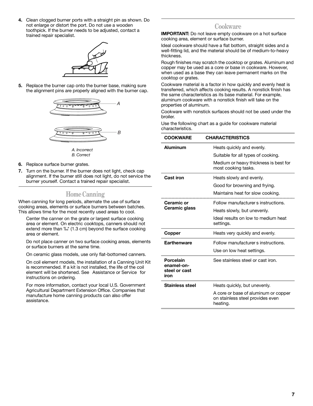 Whirlpool W10106890 manual HomeCanning, Cookware Characteristics 