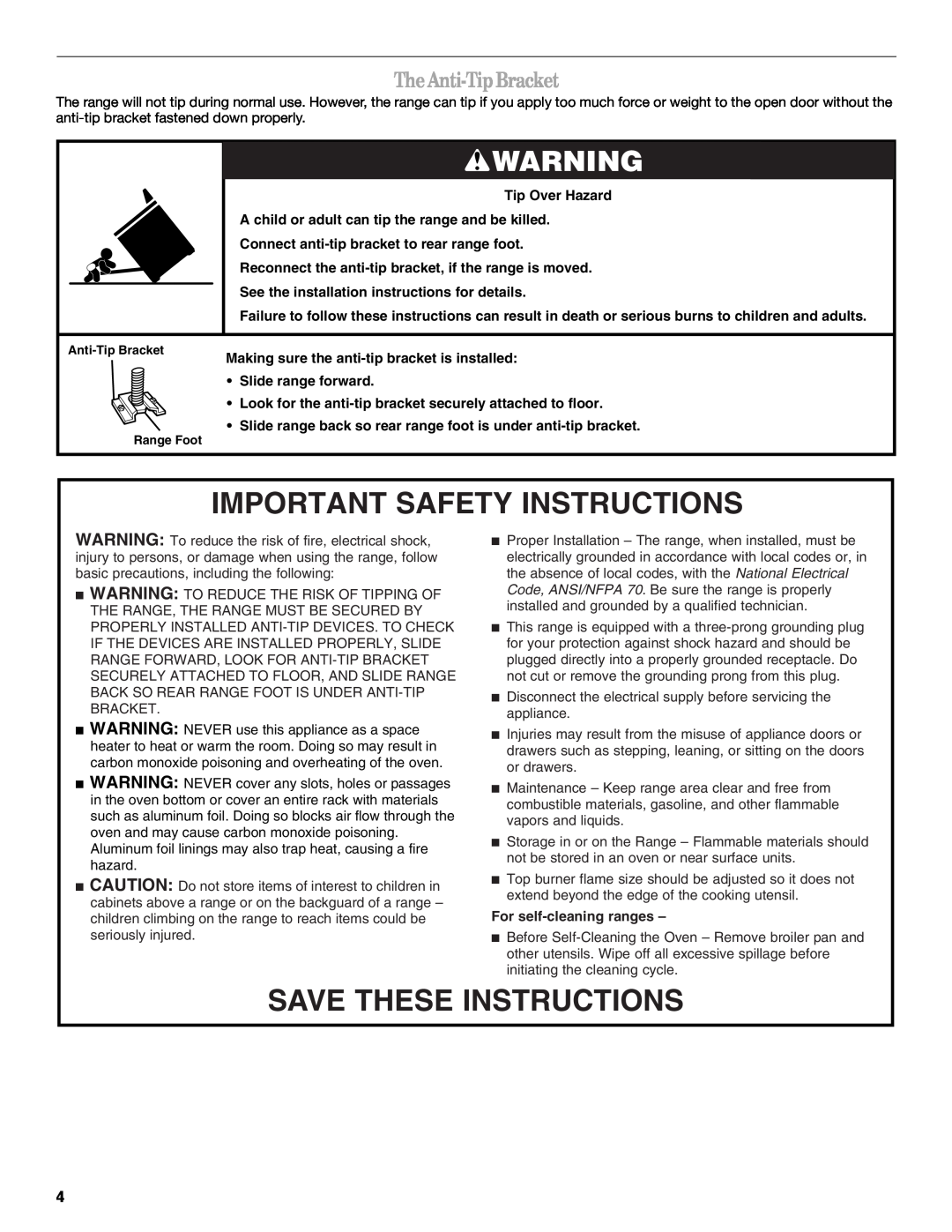 Whirlpool W10106890 Important Safety Instructions, Save These Instructions, TheAnti-TipBracket, For self-cleaning ranges 