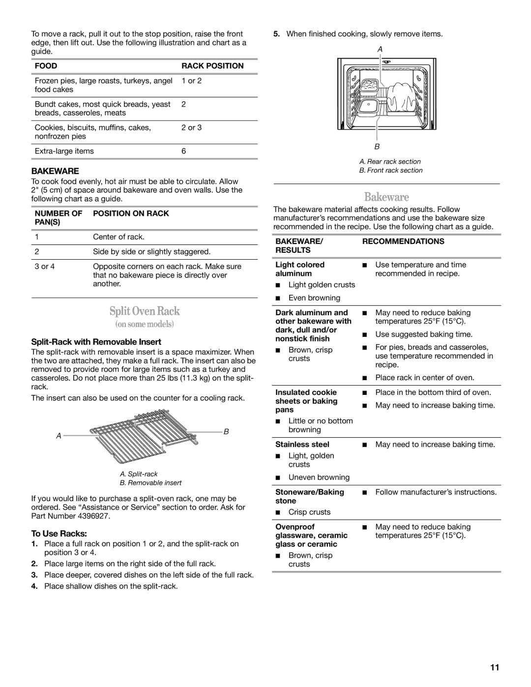 Whirlpool W10110368 manual SplitOven Rack, Bakeware, Split-Rack with Removable Insert, To Use Racks 