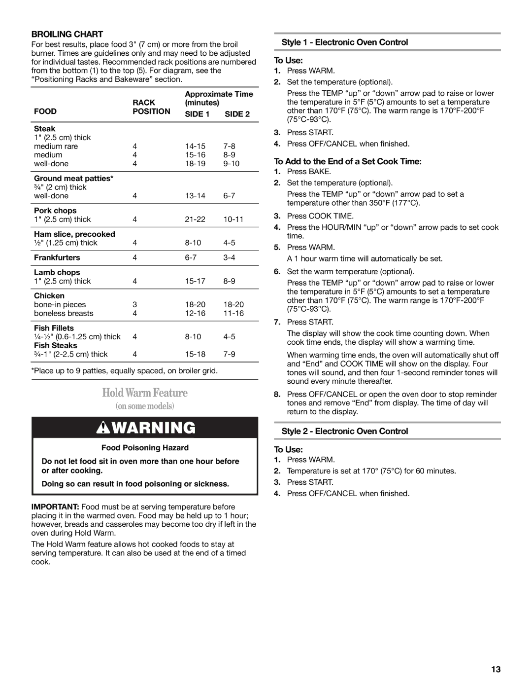 Whirlpool W10110368 manual HoldWarmFeature, Broiling Chart, Style 1 Electronic Oven Control To Use 