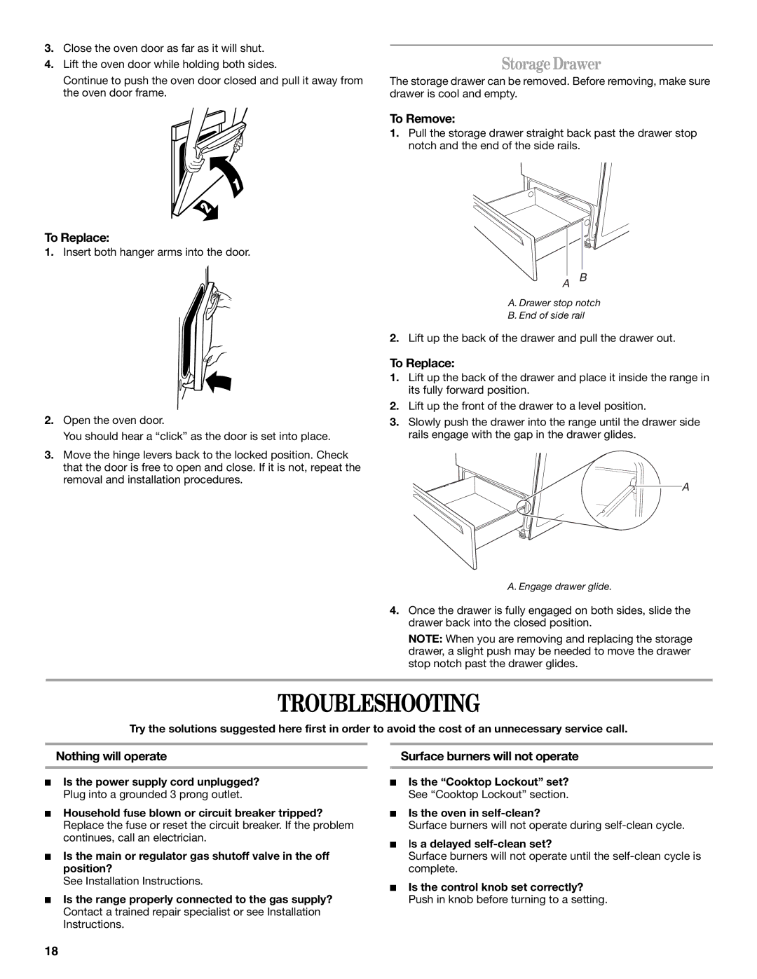 Whirlpool W10110368 manual Troubleshooting, StorageDrawer, Nothing will operate, Surface burners will not operate 