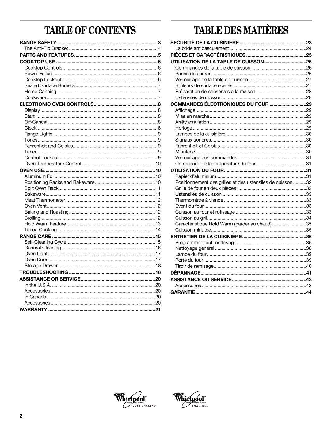 Whirlpool W10110368 manual Table DES Matières 