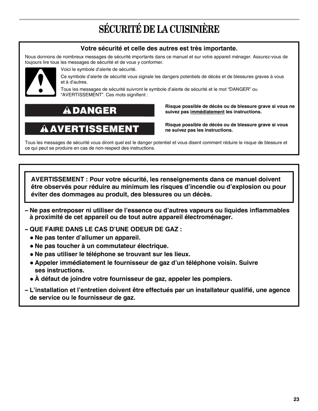 Whirlpool W10110368 manual Sécurité DE LA Cuisinière, Votre sécurité et celle des autres est très importante 